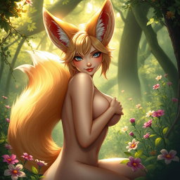 A fantasy scene featuring a beautiful foxgirl with distinct fox-like ears and a bushy tail, posing in a playful and alluring manner