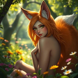 A fantasy scene featuring a beautiful foxgirl with distinct fox-like ears and a bushy tail, posing in a playful and alluring manner