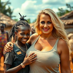 In an African village, a vivid scene showcases a young African woman, only 20 years old, very short and malnourished, wearing a loose men's T-shirt and a bulletproof vest