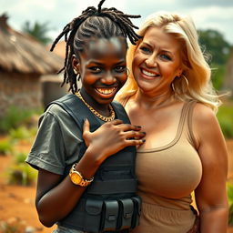 In an African village, a vivid scene showcases a young African woman, only 20 years old, very short and malnourished, wearing a loose men's T-shirt and a bulletproof vest