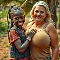 In an African village, a vivid scene showcases a young African woman, only 20 years old, very short and malnourished, wearing a loose men's T-shirt and a bulletproof vest