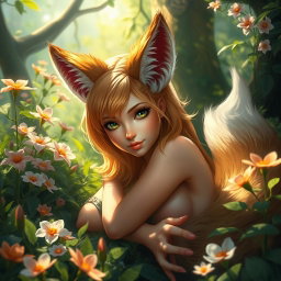 A fantasy scene featuring a beautiful foxgirl with distinct fox-like ears and a bushy tail, posed in a lush, enchanting forest