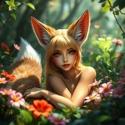 A fantasy scene featuring a beautiful foxgirl with distinct fox-like ears and a bushy tail, posed in a lush, enchanting forest