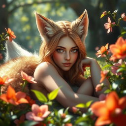A fantasy scene featuring a beautiful foxgirl with distinct fox-like ears and a bushy tail, posed in a lush, enchanting forest