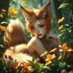 A fantasy scene featuring a beautiful foxgirl with distinct fox-like ears and a bushy tail, posed in a lush, enchanting forest