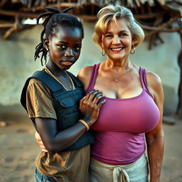 In an African village, a vivid and striking scene depicts a 20-year-old African woman with very dark skin, appearing malnourished and notably short