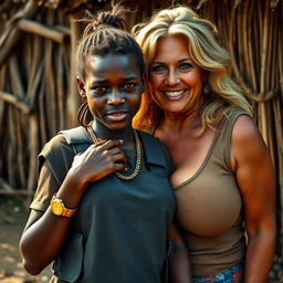 In an African village, a vivid and striking scene depicts a 20-year-old African woman with very dark skin, appearing malnourished and notably short