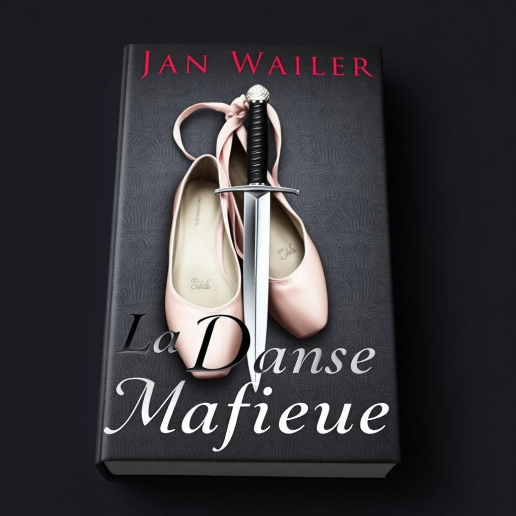 A dark romance book cover featuring a gray background with a pair of ballet pointe shoes and a weapon, such as a sleek dagger, artistically placed together