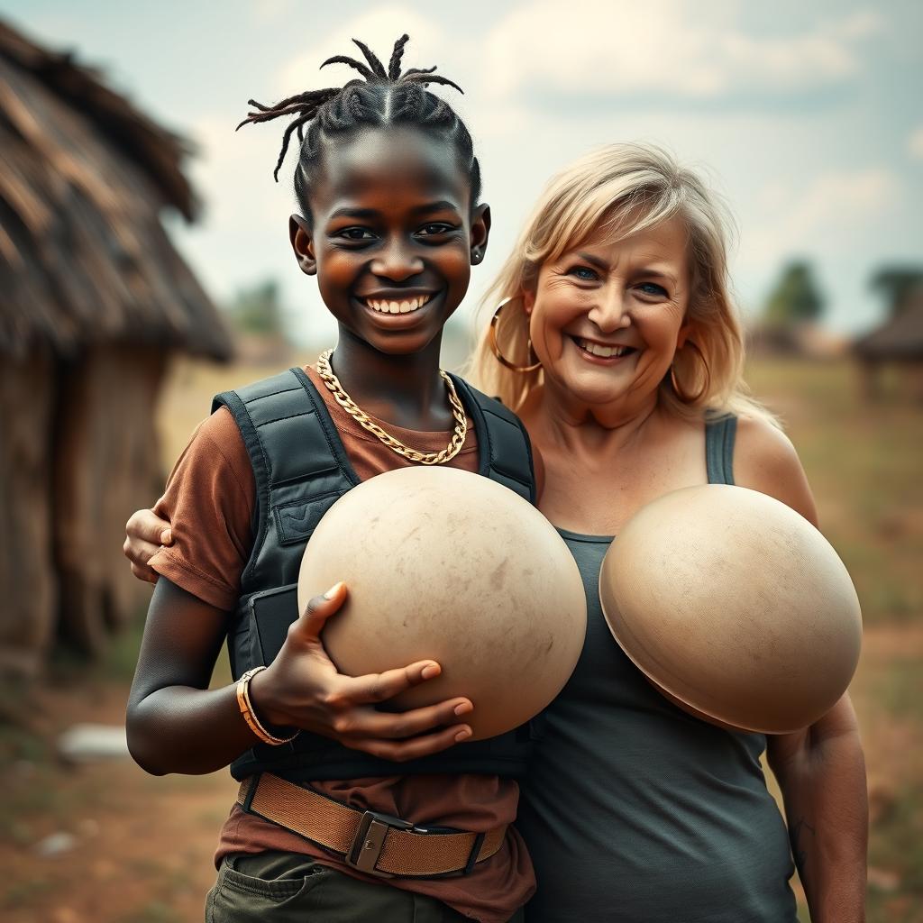 In an African village, a vivid scene captures a young African woman, 20 years old and very short with dark skin, showcasing a playful smile despite her malnourished appearance