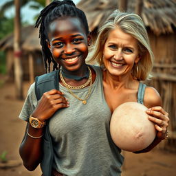 In an African village, a vivid scene captures a young African woman, 20 years old and very short with dark skin, showcasing a playful smile despite her malnourished appearance