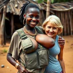 In an African village, a vivid scene captures a young African woman, 20 years old and very short with dark skin, showcasing a playful smile despite her malnourished appearance