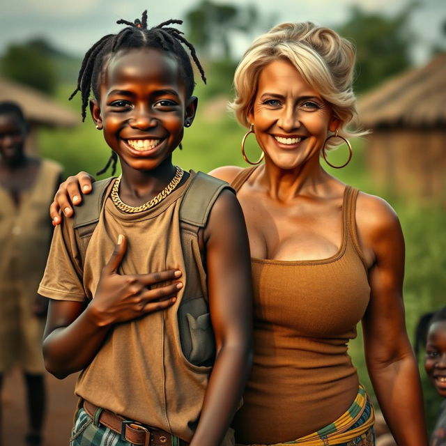 In an African village, a vivid scene captures a young African woman, 20 years old, very short and appearing malnourished