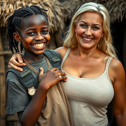 In an African village, a vivid scene captures a young African woman, 20 years old, very short and appearing malnourished