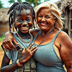 In an African village, a vivid scene captures a young African woman, 20 years old, very short and appearing malnourished