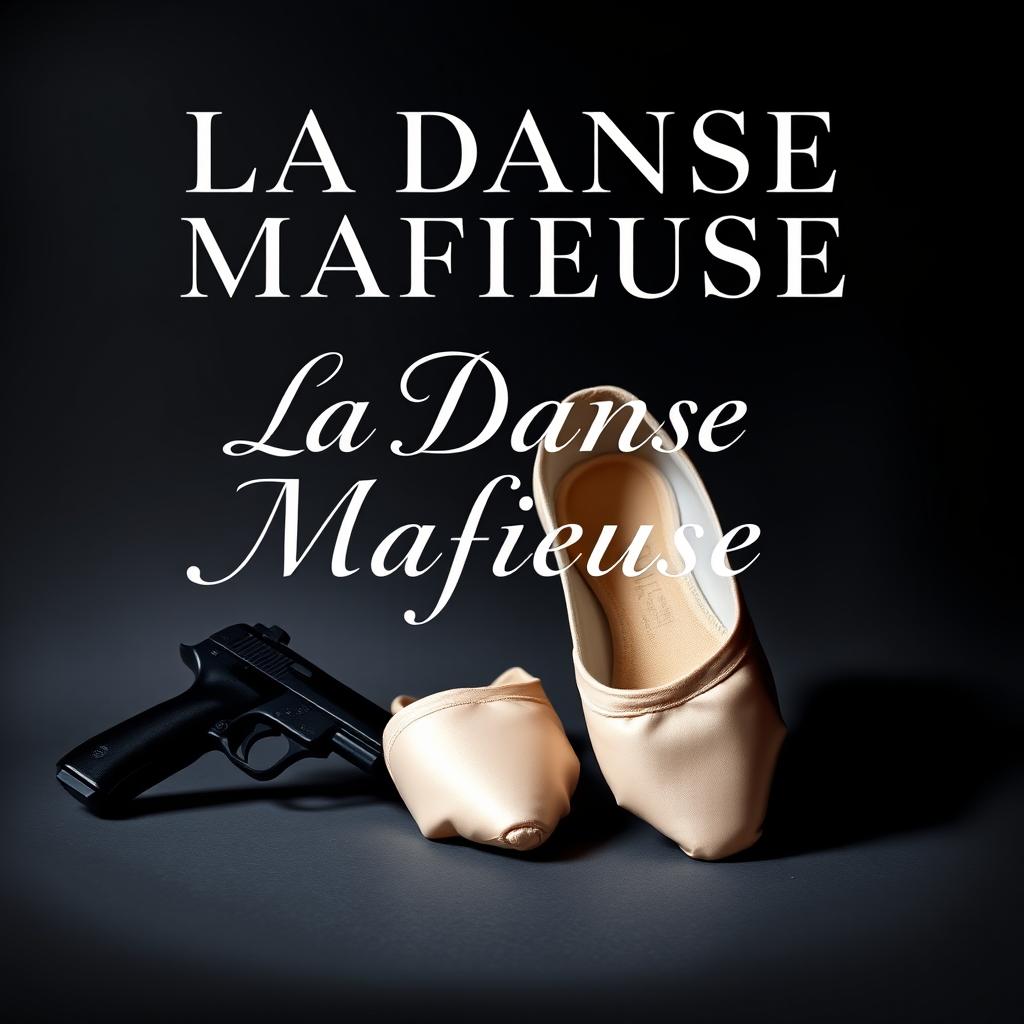 A dark romance book cover featuring a gray background with a pair of ballet pointe shoes and a pistol stylishly arranged in the foreground