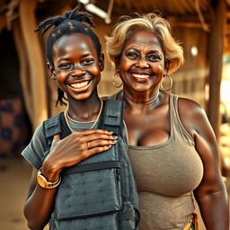 In an African village, a striking scene depicts a 20-year-old young African woman with very dark skin, notably short and appearing malnourished