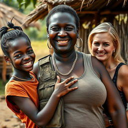 In an African village, a striking scene depicts a 20-year-old young African woman with very dark skin, notably short and appearing malnourished