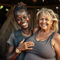 In an African village, a striking scene depicts a 20-year-old young African woman with very dark skin, notably short and appearing malnourished