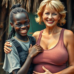 In an African village, a striking scene depicts a 20-year-old young African woman with very dark skin, notably short and appearing malnourished