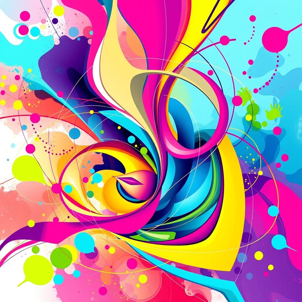 A vibrant and intricate illustration of an abstract design featuring colorful geometric shapes and swirling lines, blending smoothly into one another
