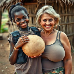 In an African village, a striking scene portrays a 20-year-old young African woman, very short and appearing malnourished, with dark skin making a playful grimace