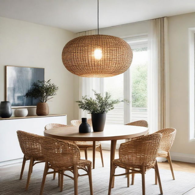 Pendant rattan light elegantly illuminating a contemporary dining room