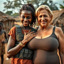 In an African village, a striking scene depicts a 20-year-old young African woman, very short and appearing malnourished, with dark skin, making a playful grimace