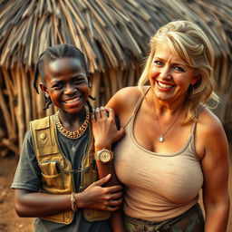In an African village, a striking scene depicts a 20-year-old young African woman, very short and appearing malnourished, with dark skin, making a playful grimace