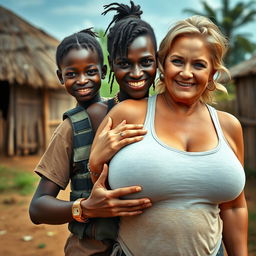 In an African village, a striking scene depicts a 20-year-old young African woman, very short and appearing malnourished, with dark skin, making a playful grimace