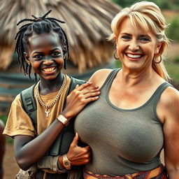 In an African village, a striking scene depicts a 20-year-old young African woman, very short and appearing malnourished, with dark skin, making a playful grimace