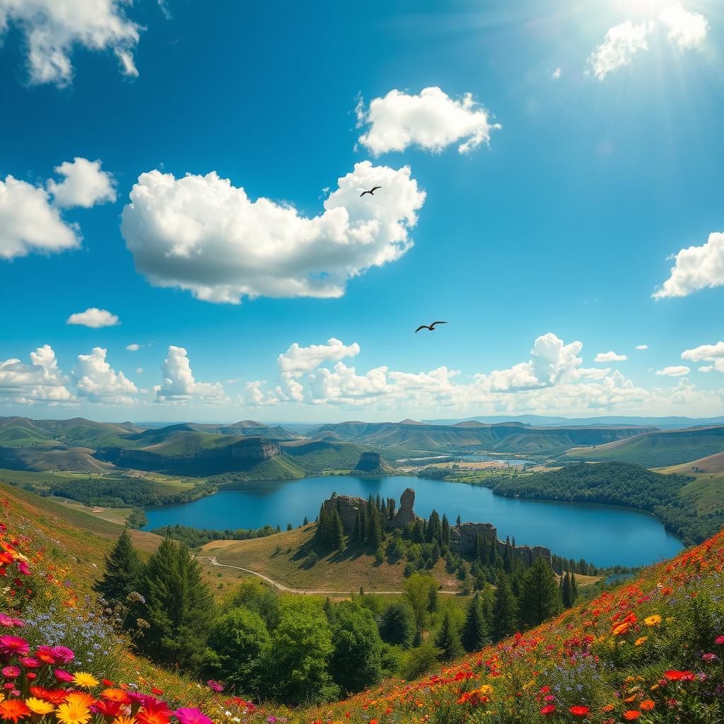 A breathtaking landscape filled with rolling hills, vibrant flowers in a myriad of colors, and a clear blue sky dotted with fluffy white clouds