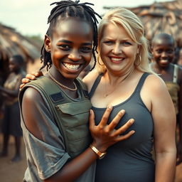 In an African village, a vivid scene showcases a 20-year-old young African woman, very short and appearing malnourished, with dark skin