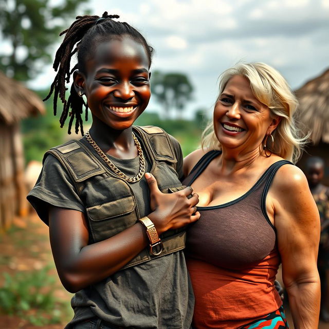 In an African village, a vivid scene showcases a 20-year-old young African woman, very short and appearing malnourished, with dark skin