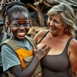In an African village, a vivid scene showcases a 20-year-old young African woman, very short and appearing malnourished, with dark skin