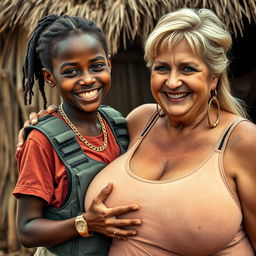 In an African village, a vivid scene showcases a 20-year-old young African woman, very short and appearing malnourished, with dark skin