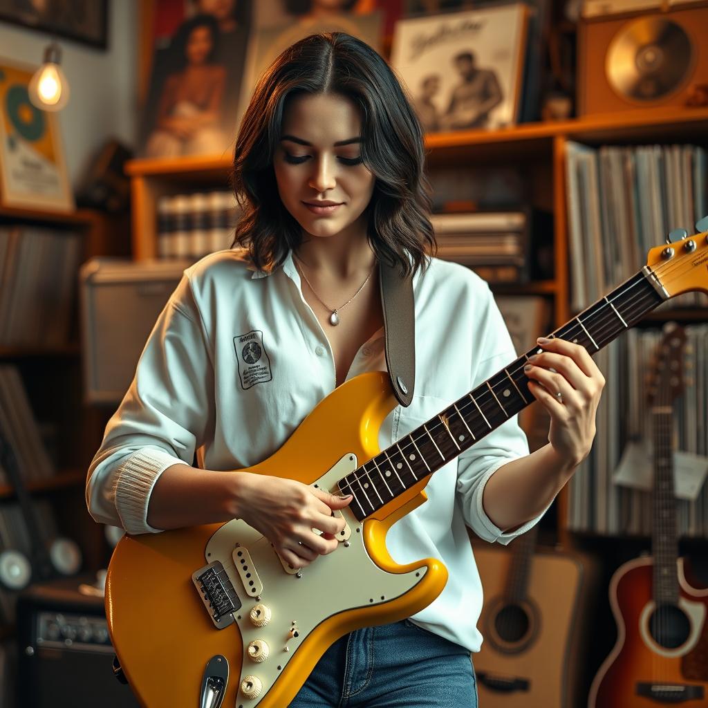A talented woman playing an electric Fender Stratocaster guitar, which features 22 frets, showcasing the classic color and design of the Fender Stratocaster