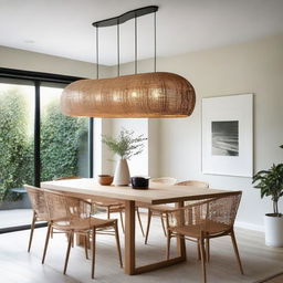 Pendant rattan light elegantly illuminating a contemporary dining room