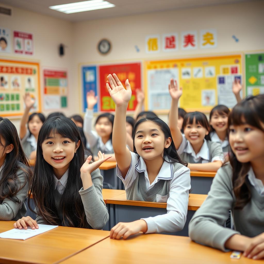 A vibrant classroom scene showcasing a diverse group of Chinese schoolgirls, all aged 14, engaged in a learning environment