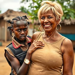 In an African village, a young African woman, 25 years old, very short and malnourished, has a fierce and angry expression