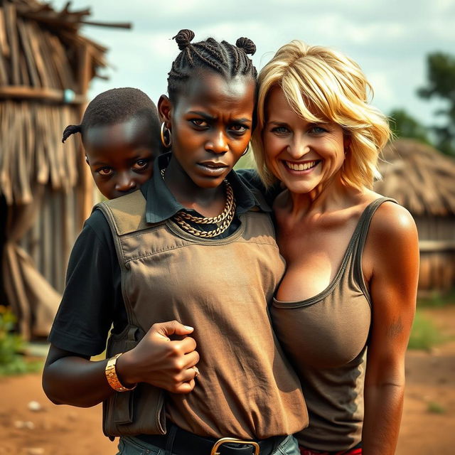 In an African village, a young African woman, 25 years old, very short and malnourished, has a fierce and angry expression