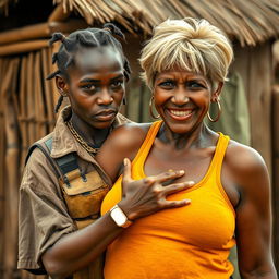 In an African village, a young African woman, 25 years old, very short and malnourished, has a fierce and angry expression