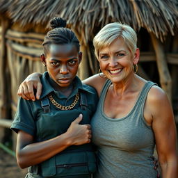 In an African village, a young African woman, 25 years old, very short and malnourished, presents a fierce and angry expression