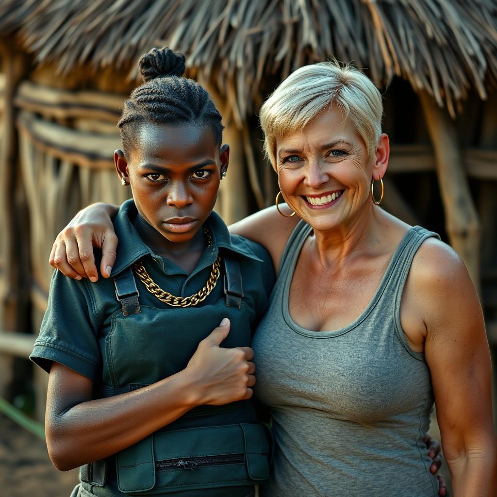 In an African village, a young African woman, 25 years old, very short and malnourished, presents a fierce and angry expression