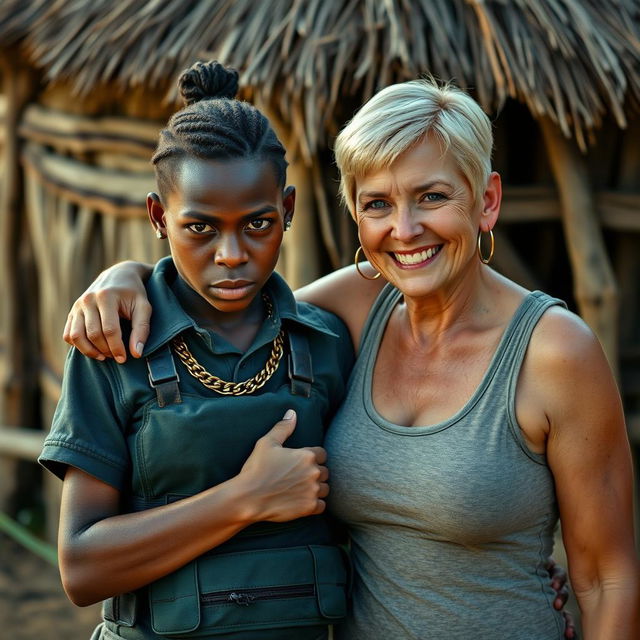 In an African village, a young African woman, 25 years old, very short and malnourished, presents a fierce and angry expression