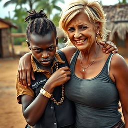 In an African village, a young African woman, 25 years old, very short and malnourished, presents a fierce and angry expression
