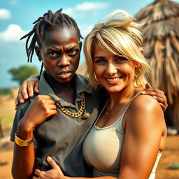 In an African village, a young African woman, 25 years old, very short and malnourished, presents a fierce and angry expression