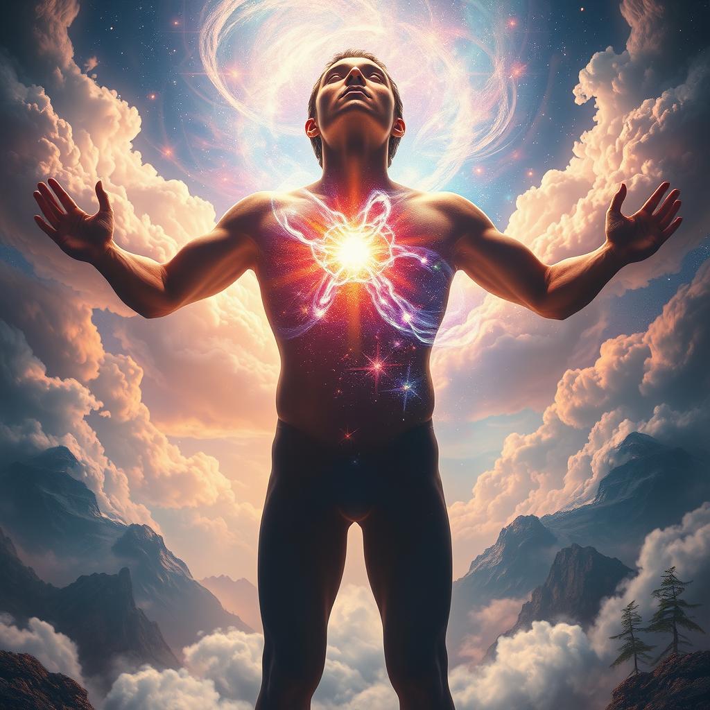 A mesmerizing surreal art piece featuring a dramatic, ethereal scene where a human figure stands with their chest open, revealing a radiant burst of bright colors and cosmic elements emanating from inside, symbolizing inner strength and vulnerability