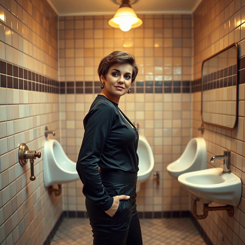 A woman confidently standing in front of a vintage wall urinal in a men's restroom