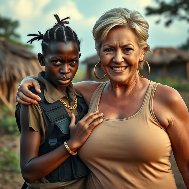 In an African village setting, a young African woman, 25 years old, is depicted as very short and malnourished with an angry, fierce expression