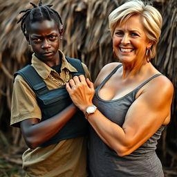 In an African village setting, a young African woman, 25 years old, is depicted as very short and malnourished with an angry, fierce expression